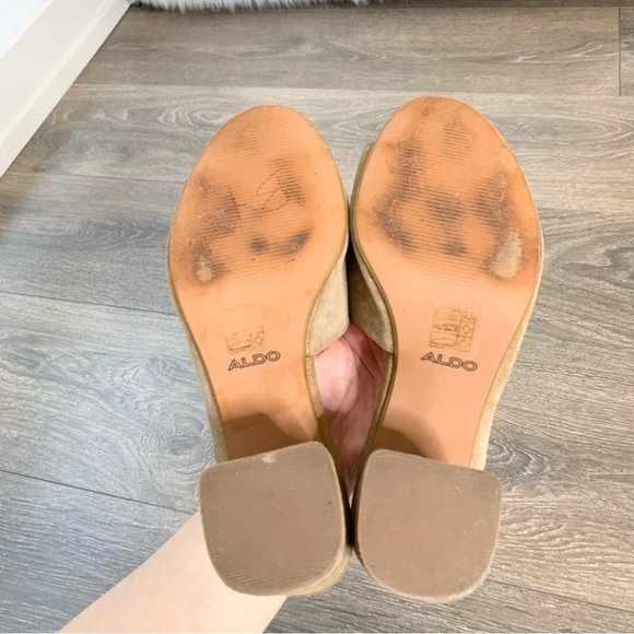 Aldo Suede Aldosina Block Heel Open Toe Mules Tan Size 7.5 - Picture 14 of 16